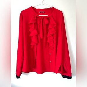 Calvin Klein Red Ruffled Long Sleeve Blouse with Buttons